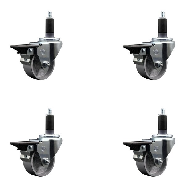 3'' Semi Steel Swivel 1-1/8'' Expanding Stem Caster Set with Brake, 4PK
